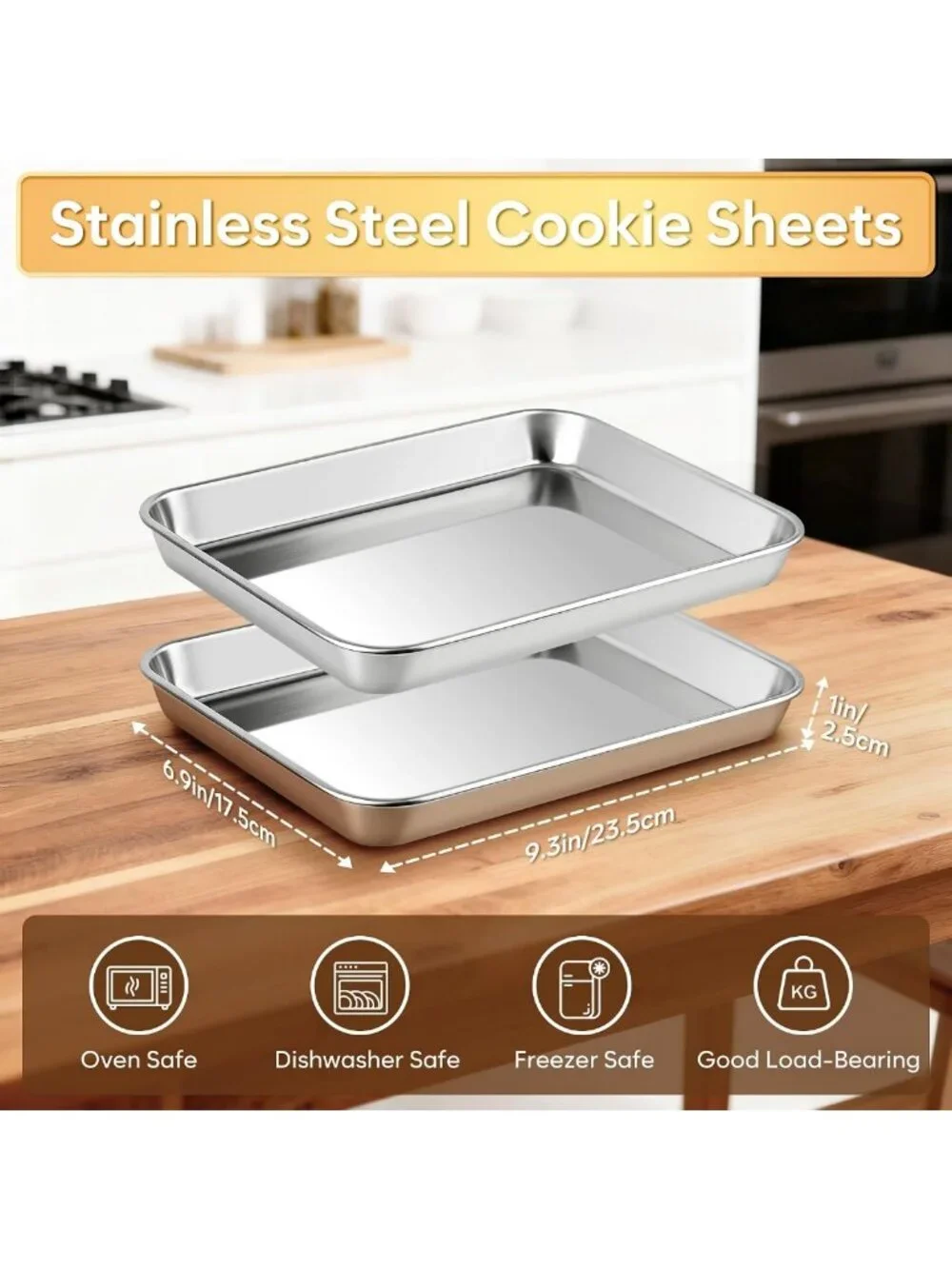 Set of 2 Stainless Steel Half Sheet Pans - Non-Stick Baking Trays for Oven